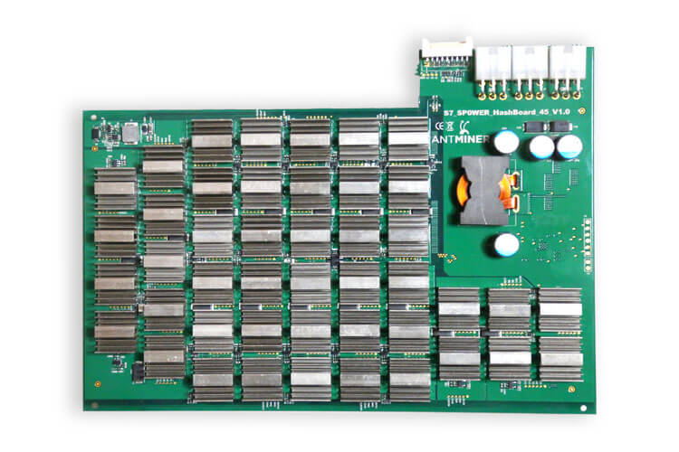 Antminer S7 Hashing board with individual heat sinks attached